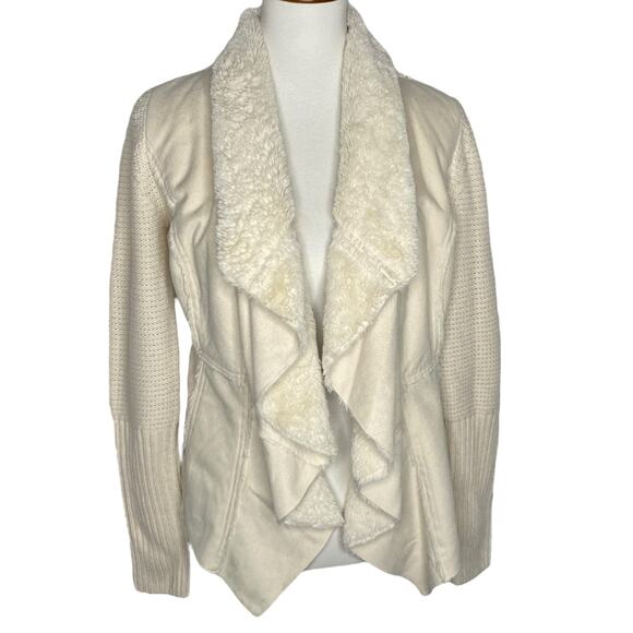 Knox Rose Vegan Suede Sherpa Open Cardigan Cream Sweater Small Boho Cowgirl - Picture 1 of 16